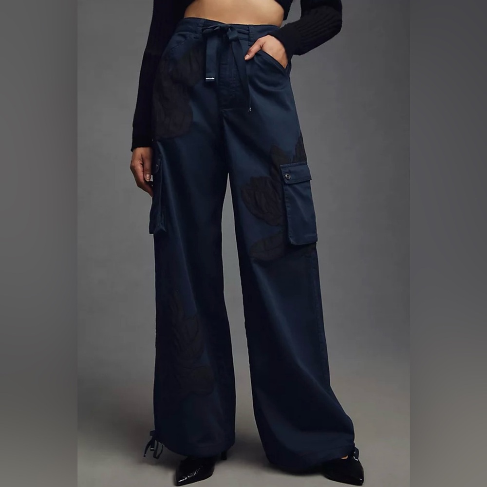 Anthropologie Navy Wide-Leg Cargo Pants with Black Floral Appliqué